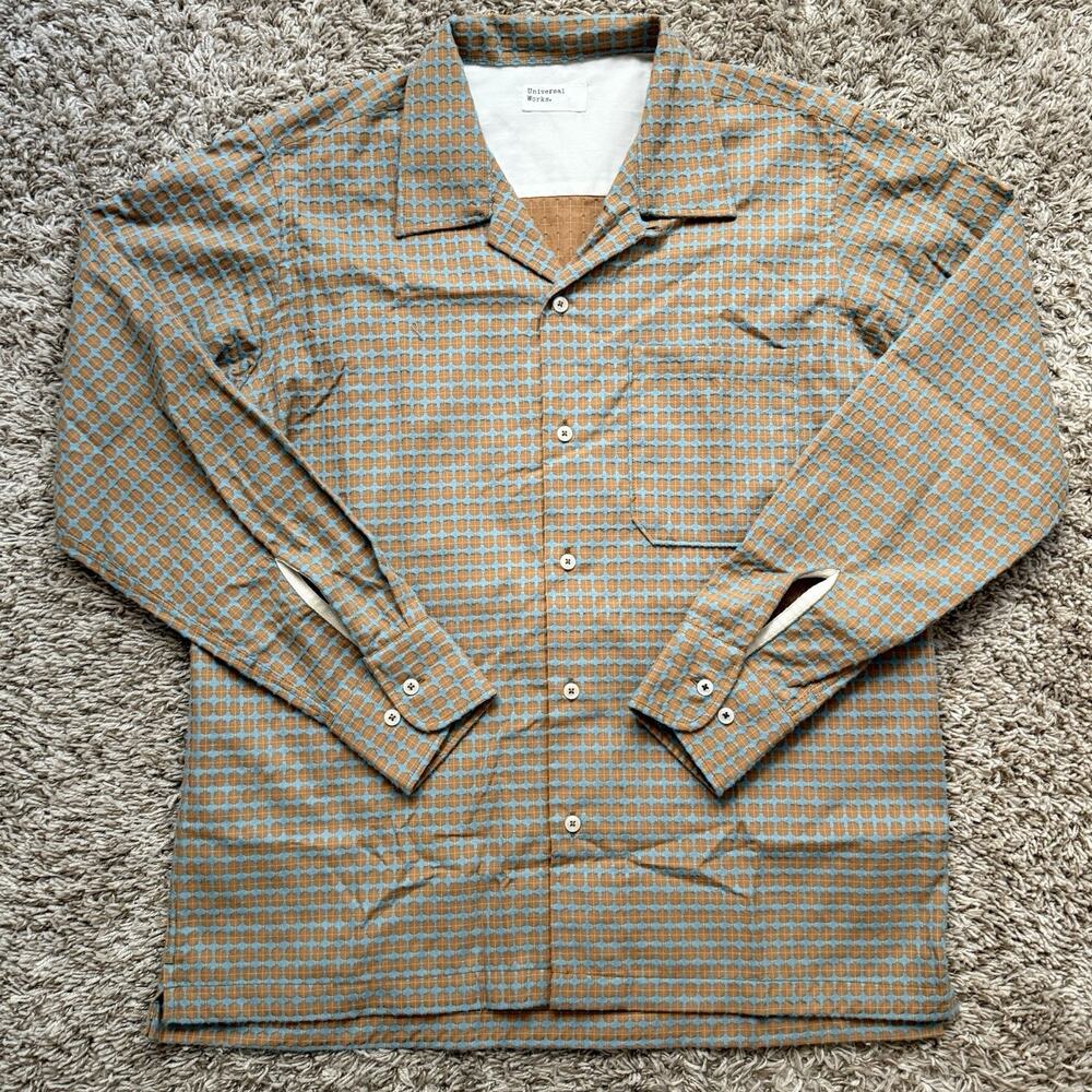 $195 Universal Works Delos Woven Camp Collar Shirt LS Sand Orange / Blue Size S